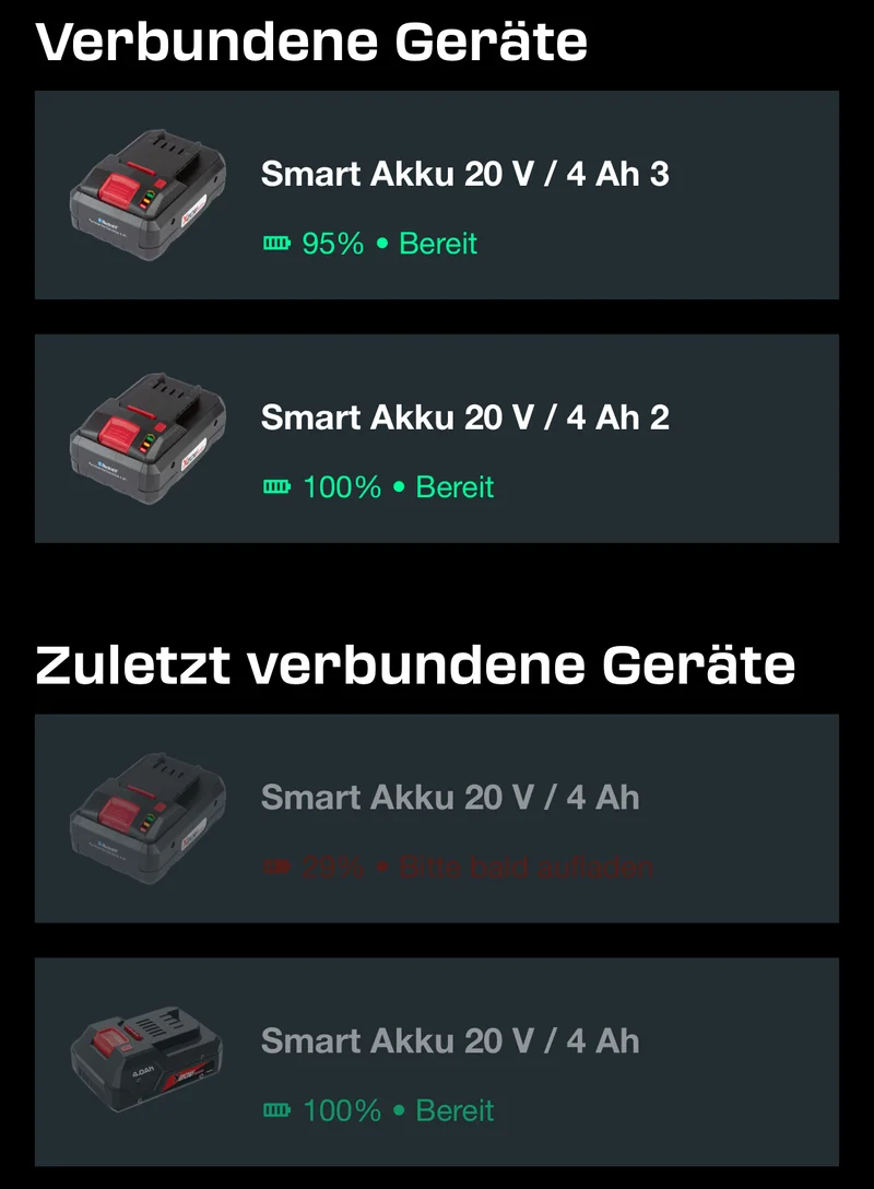 Parkside App Geräteliste mit mehreren Smart-Akkus, alle gleich benannt