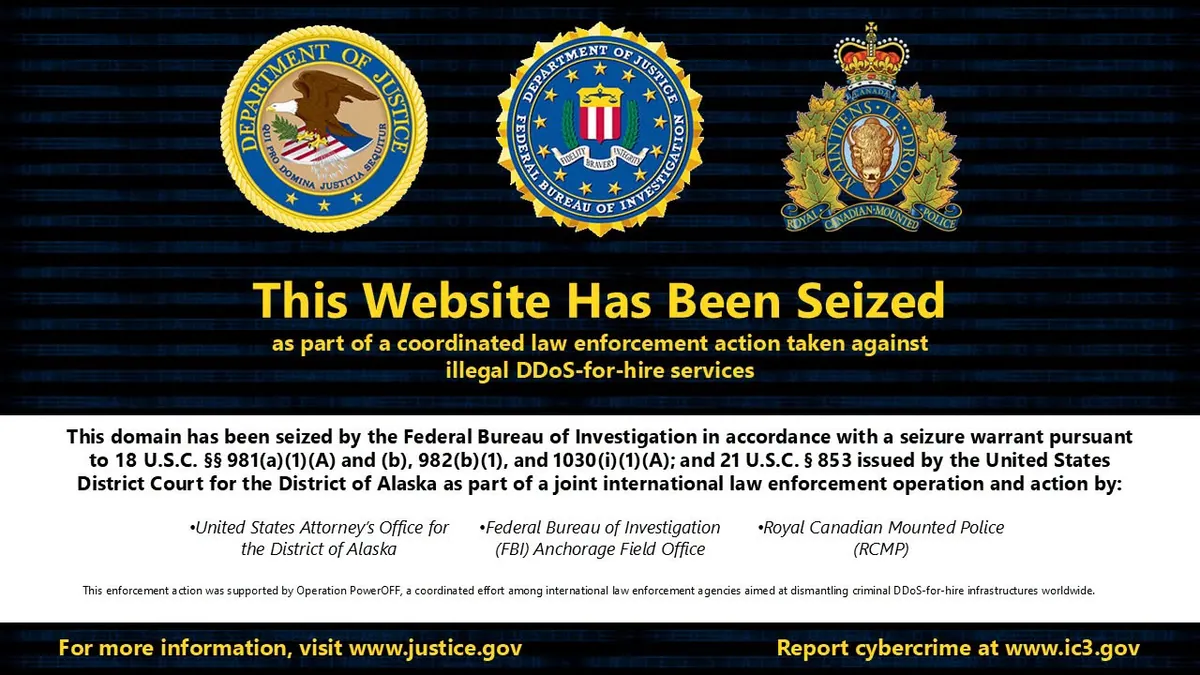 Beschlagnahme-Banner des FBI auf der Domain von NightmareStresser mit den Siegeln von US-Justizministerium, FBI und kanadischer Bundespolizei