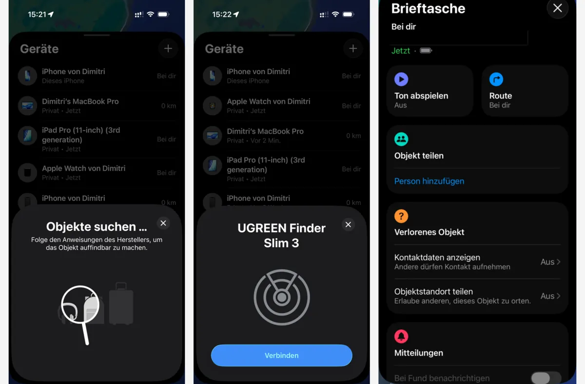 Drei iPhone-Screenshots: Objekt suchen, UGREEN Finder Slim 3 verbinden, Objektseite Brieftasche mit Ton abspielen, Route und Verlorenes Objekt