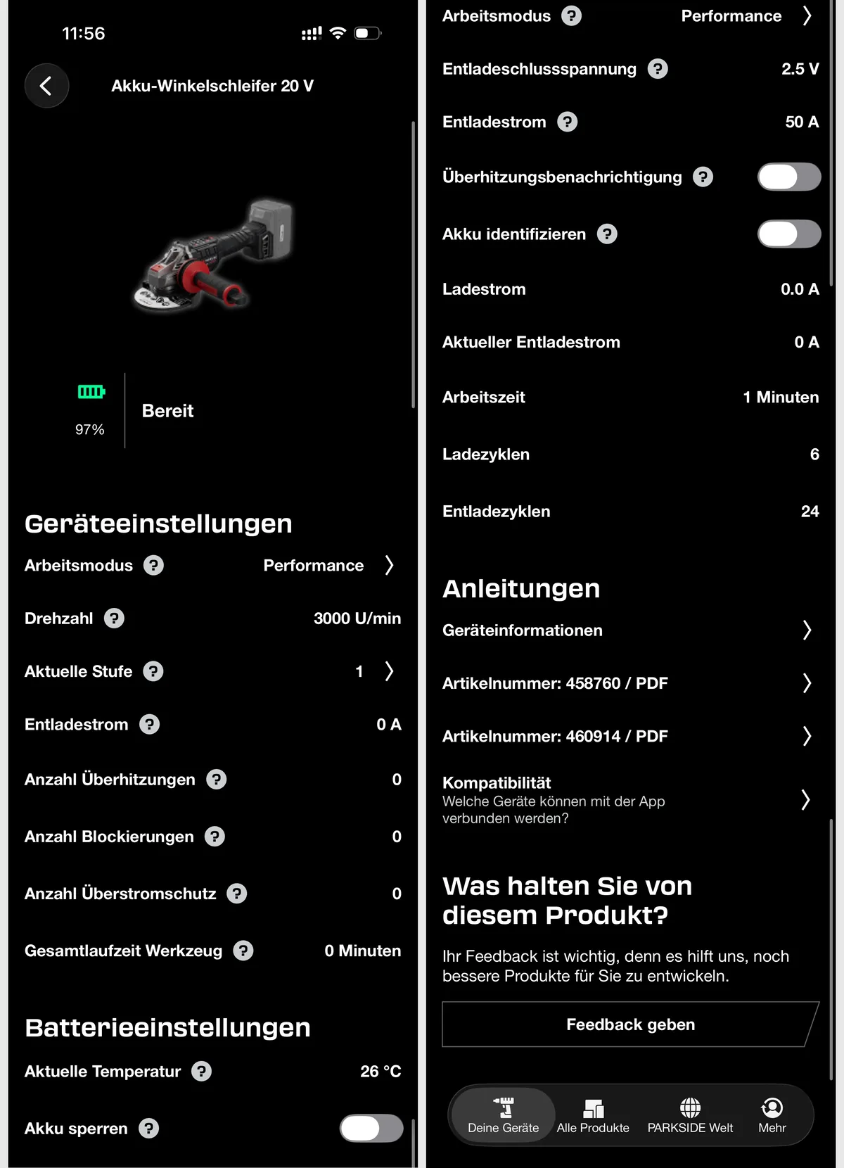 Vollständiger Screenshot der Parkside-App für den Akku-Winkelschleifer: Geräteeinstellungen, Batterieeinstellungen und Anleitungen