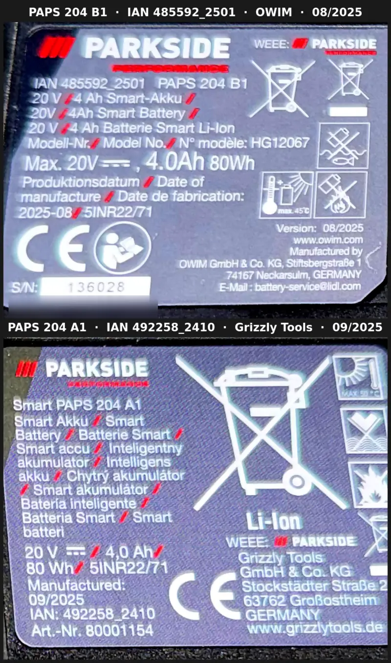 Typenschilder zweier Parkside PAPS 204 Akkus mit IAN-Nummern im Vergleich
