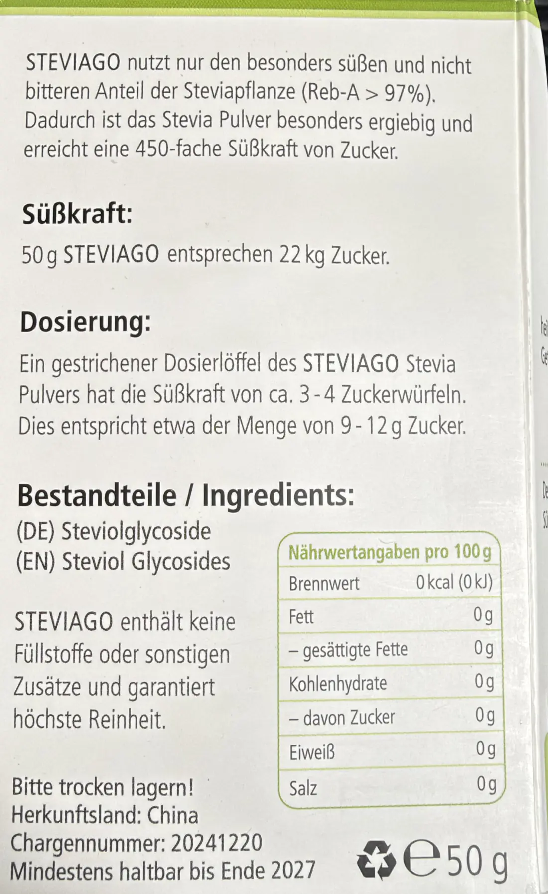 Rückseite der STEVIAGO-Verpackung mit Angaben zu Süßkraft, Dosierung und Nährwerten