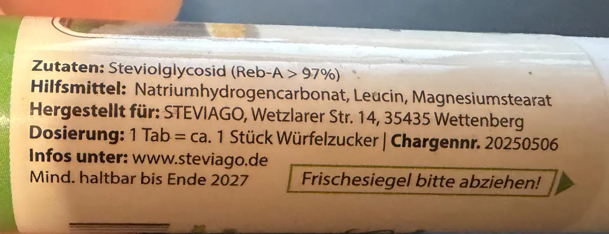 Zutatenliste der Stevia Tabs mit Steviolglycosid und den Hilfsstoffen