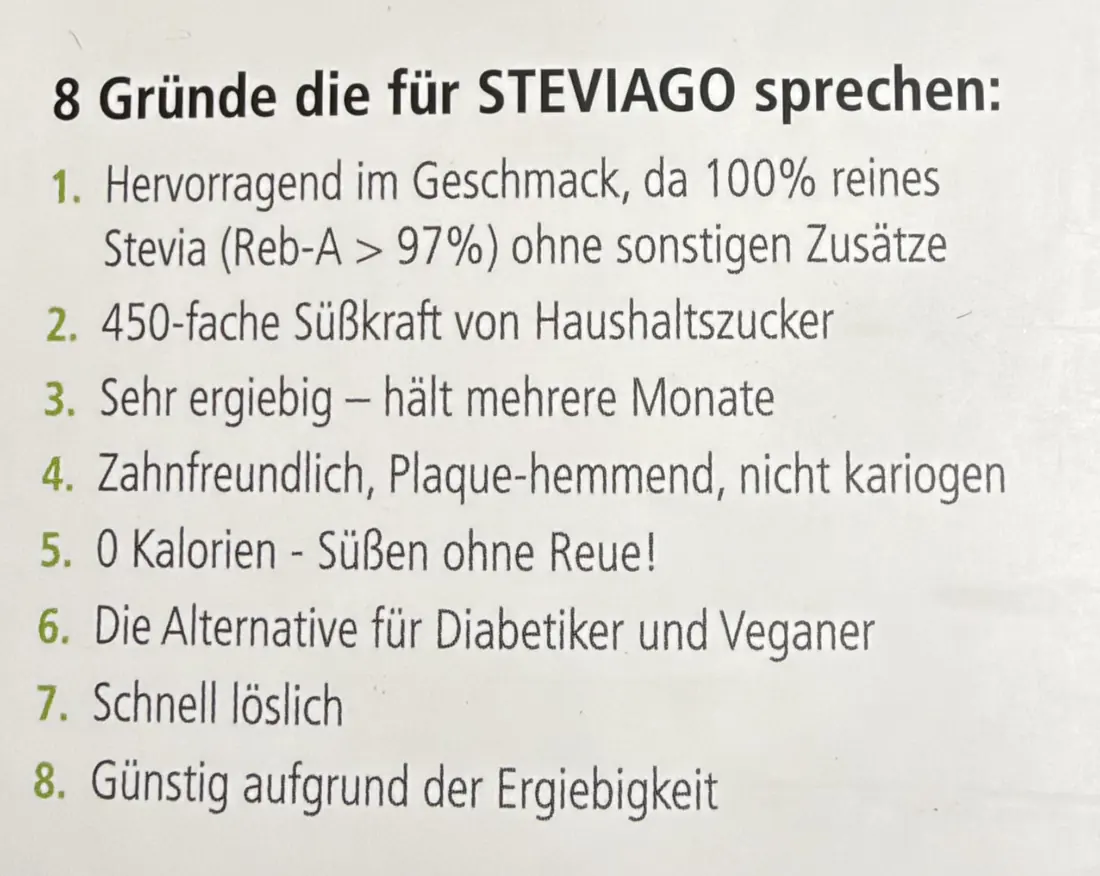 Acht Werbeversprechen auf der STEVIAGO-Verpackung