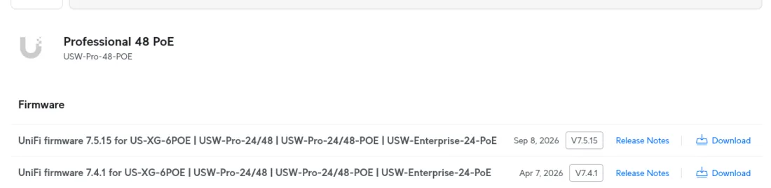 Firmware-Übersicht für den UniFi USW-Pro-48-PoE mit aktuellem Update vom September 2026